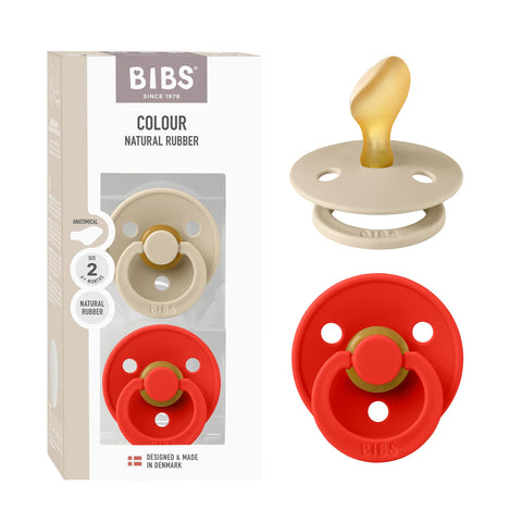 BIBS Colour Anatomical Soother 2-Pack, BPA Free Dummy Pacifier, Orthodontic Nipple. Natural Rubber Latex, Made in Denmark, Size 2 (6-18 Months), Vanilla/Candy Apple