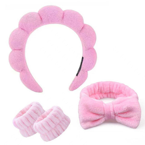 HKOVNE Spa Headband and Wristband Set for Women,Terry Cloth Sponge Headband for Washing Face,Makeup,Facial Mask and Skincare (Pink (4pcs), One Size)