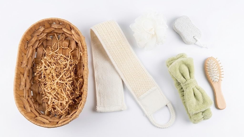 Generic Luxury Spa Bath Gift Set with Wooden Brush, Foot Stone, Loofahs, Hair Tie in Wicker Basket, Complete Shower and Body Care Collection.