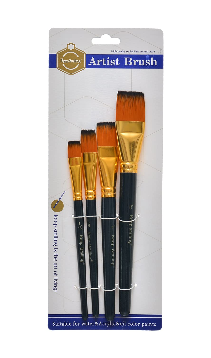 Keep Smiling Artist Brush Set of 4 Different Professional Shapes for Acrylic Color, Oil Color, Water color - Black/Gold