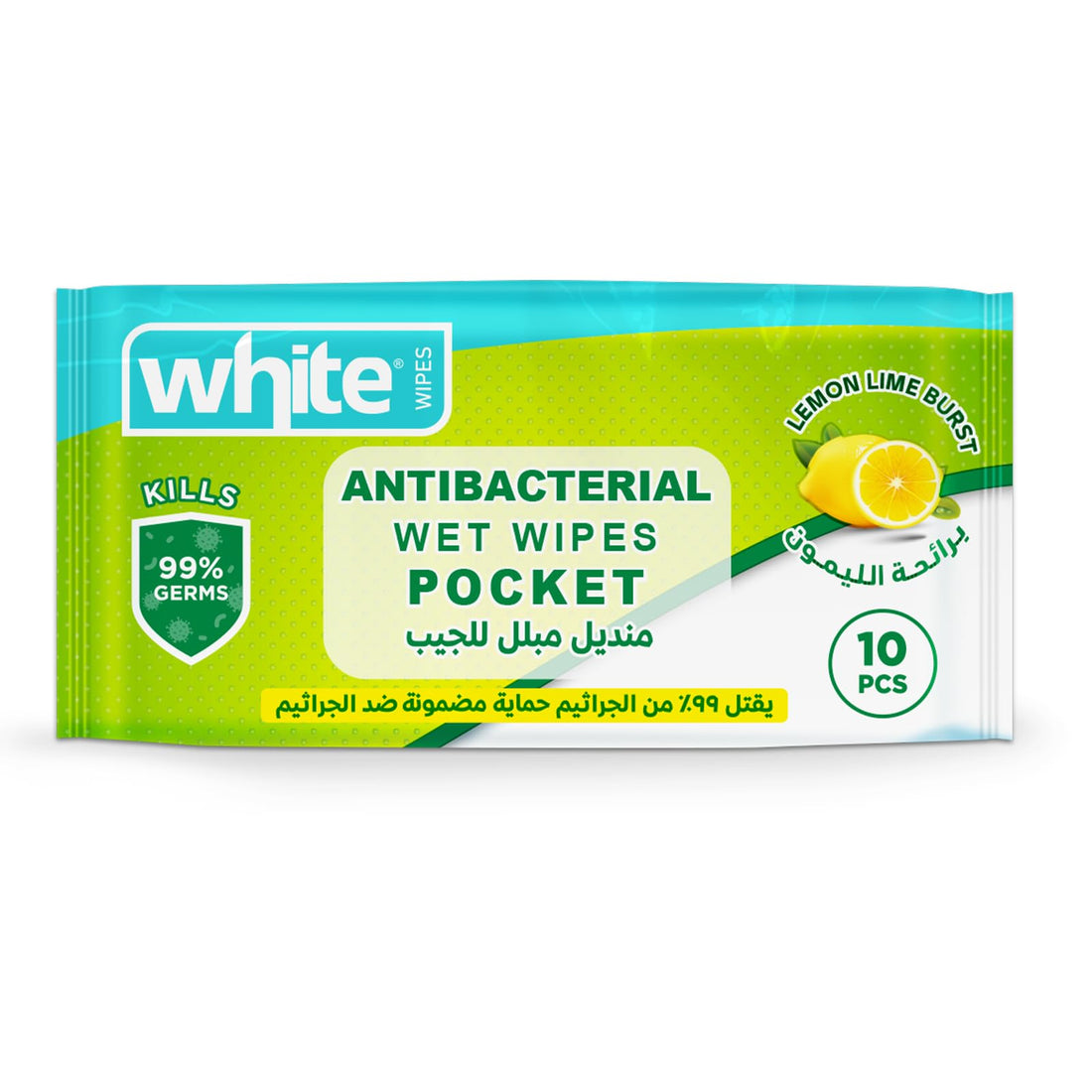 White anti-bacterial wet wipes pocket with lemon scent 10 pulls