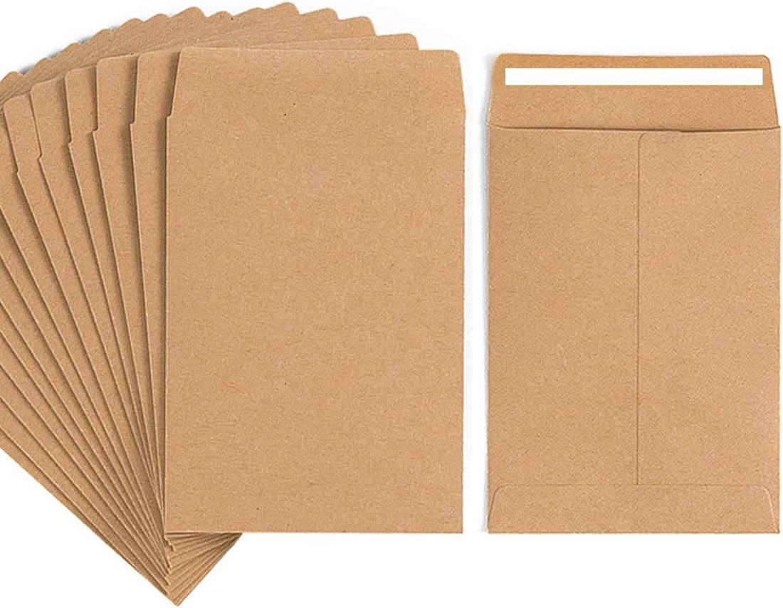 Brown Coin Envelopes 6” x 4” Kraft Self-Adhesive Seed Envelopes for Small Items Parts, Wages, Notes, Beads, Garden, Office (50 Pack)