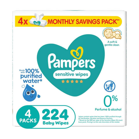 Pampers Sensitive Wipes, 224 Baby Wipes, 4x 56 Wipe Count, 0% Achel & Fragrance, Suitable for Hands & Face – Packaging May Vary