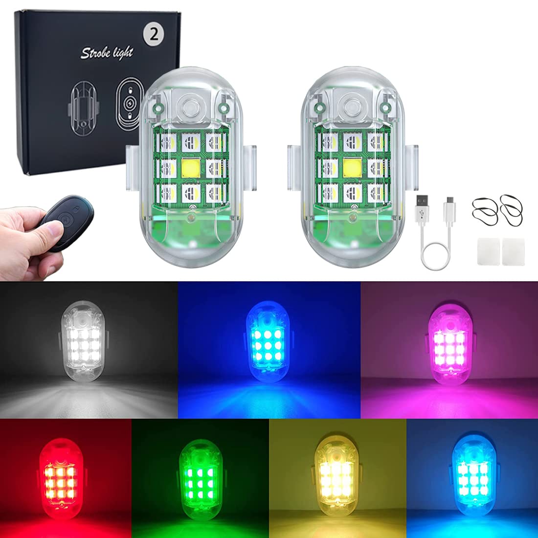 High Brightness LED Strobe Light,7 Colors USB Rechargeable Flashing Lights,LED Strobe Drone Lights,for Remote Control Drone,Motorcycle,Car,Bike (2Pack)