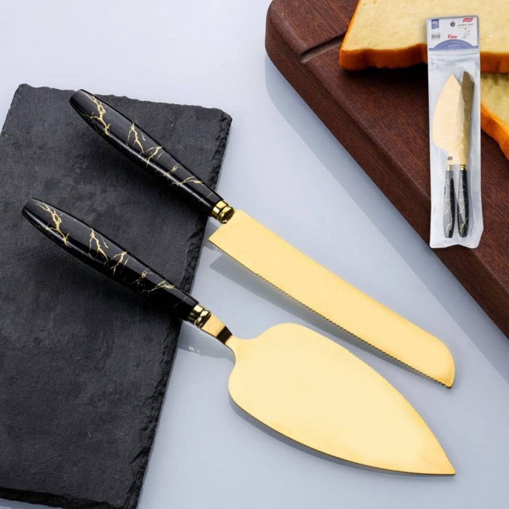 Luxury Gold Cake Knife Set, Set of 3 with Marbled Handles, Dessert and Cheese Server, Black and Gold
