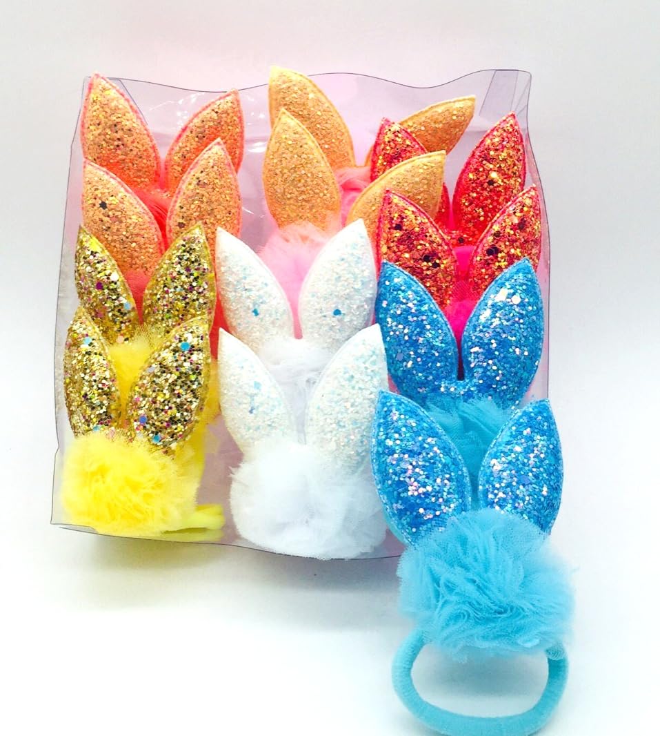 Girls’ Glitter Hair Ties Rabbit Shape – 6 Pairs in Colorful Styles