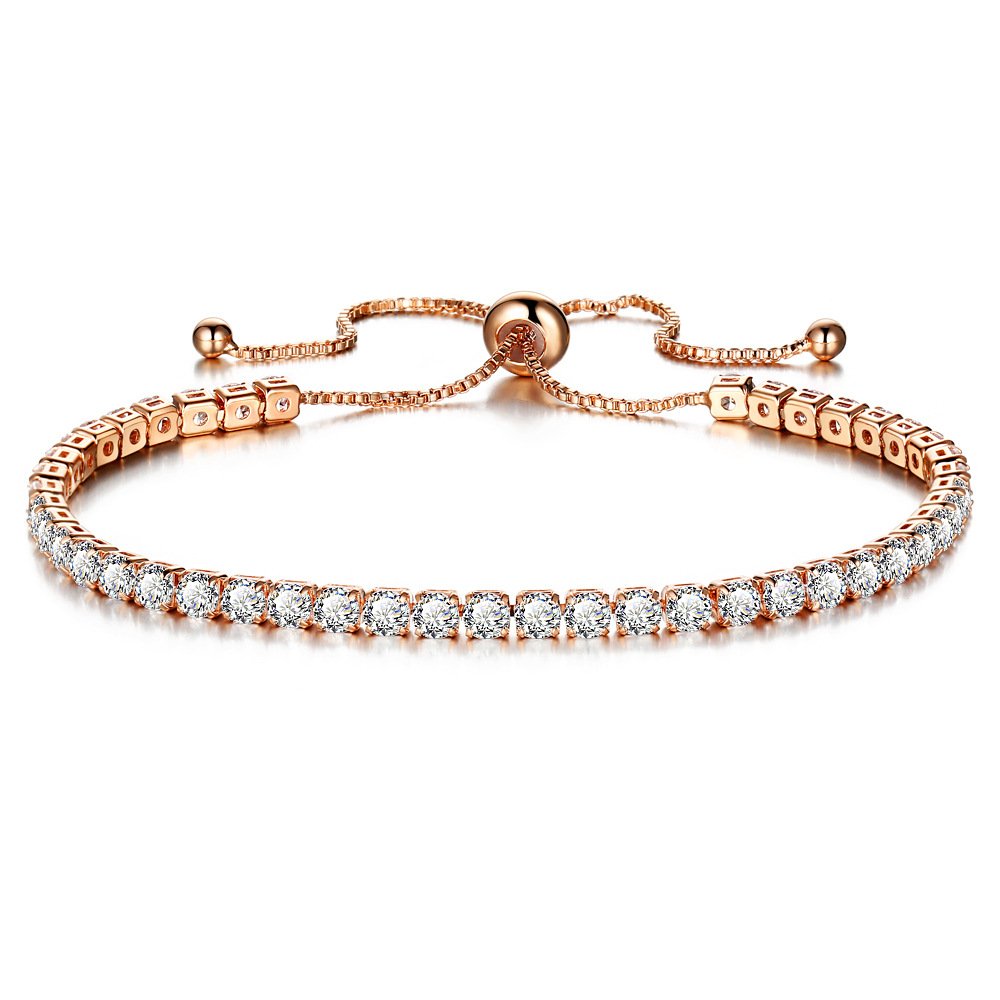 Adjustable White Gold Plated/Rose Gold Plated Cubic Zirconia Tennis Bracelet for Women Girls