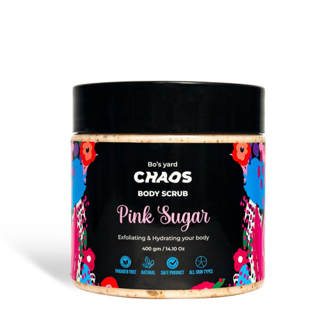 Chaos Pink Sugar Body Scrub, Natural Exfoliating with Apricot Seed Powder & Hydrating Formula with (Shea Butter, Coconut Oil and Cocoa Butter), Delicious Pink Sugar Scent, 400g