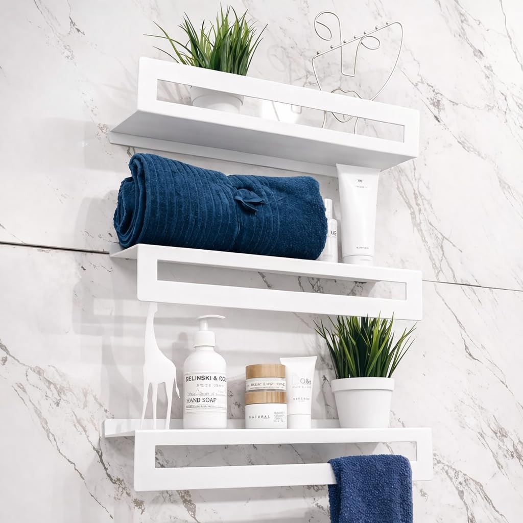 Wall Mounted Bathroom Shelves – 100% Stainless Steel Rustproof Storage Rack with Non-Peeling Electrostatic Powder Coating, Multi-Layer Organizer with Hooks for Bathroom & Kitchen (White)