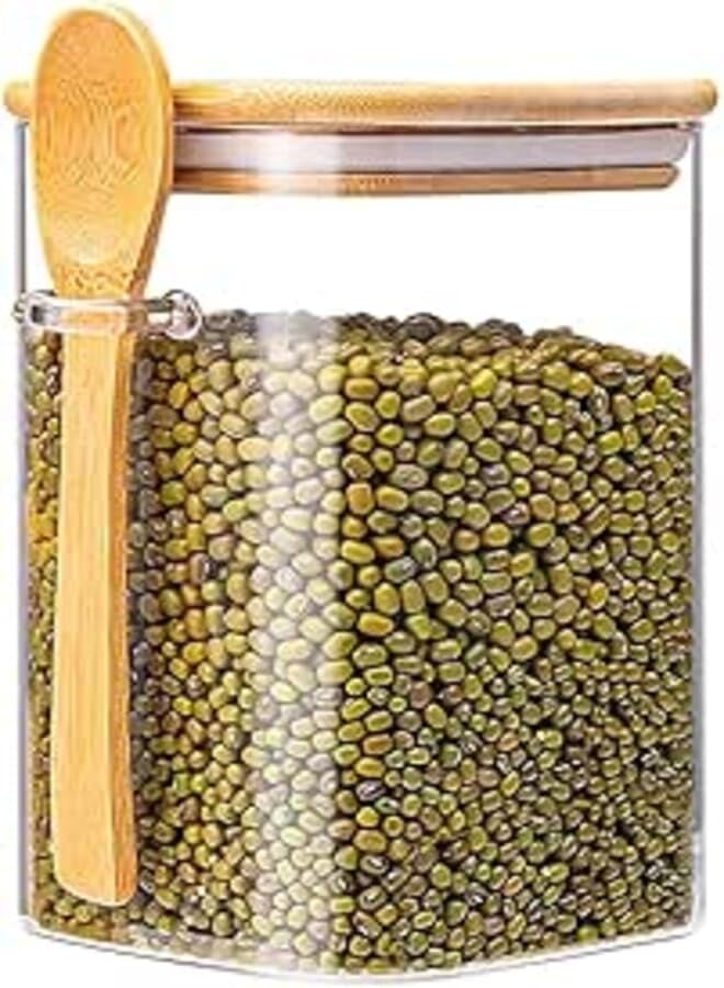 Square Sealed Glass Food Storage Jar Set with Bamboo Lid and Spoon -40oz Clear Container of Borosilicate Glass for Coffee, Sugar, Salt, Matcha Tea, Spices, Oat Grains (1)