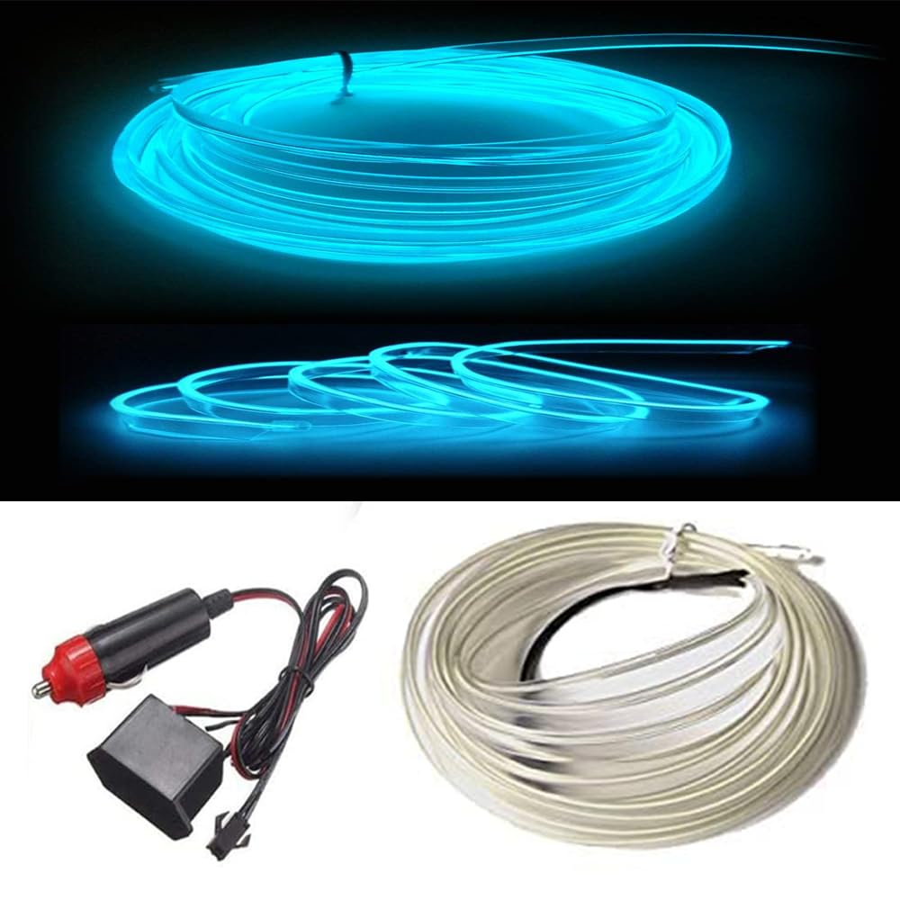 Generic 3m EL Wire, 12V Neon Light Strip with 6mm Sewing Edge, Car Interior Decoration, LED String Light, Ice Blue, Waterproof, Flexible, Fuse Protected, Universal Automotive Fit