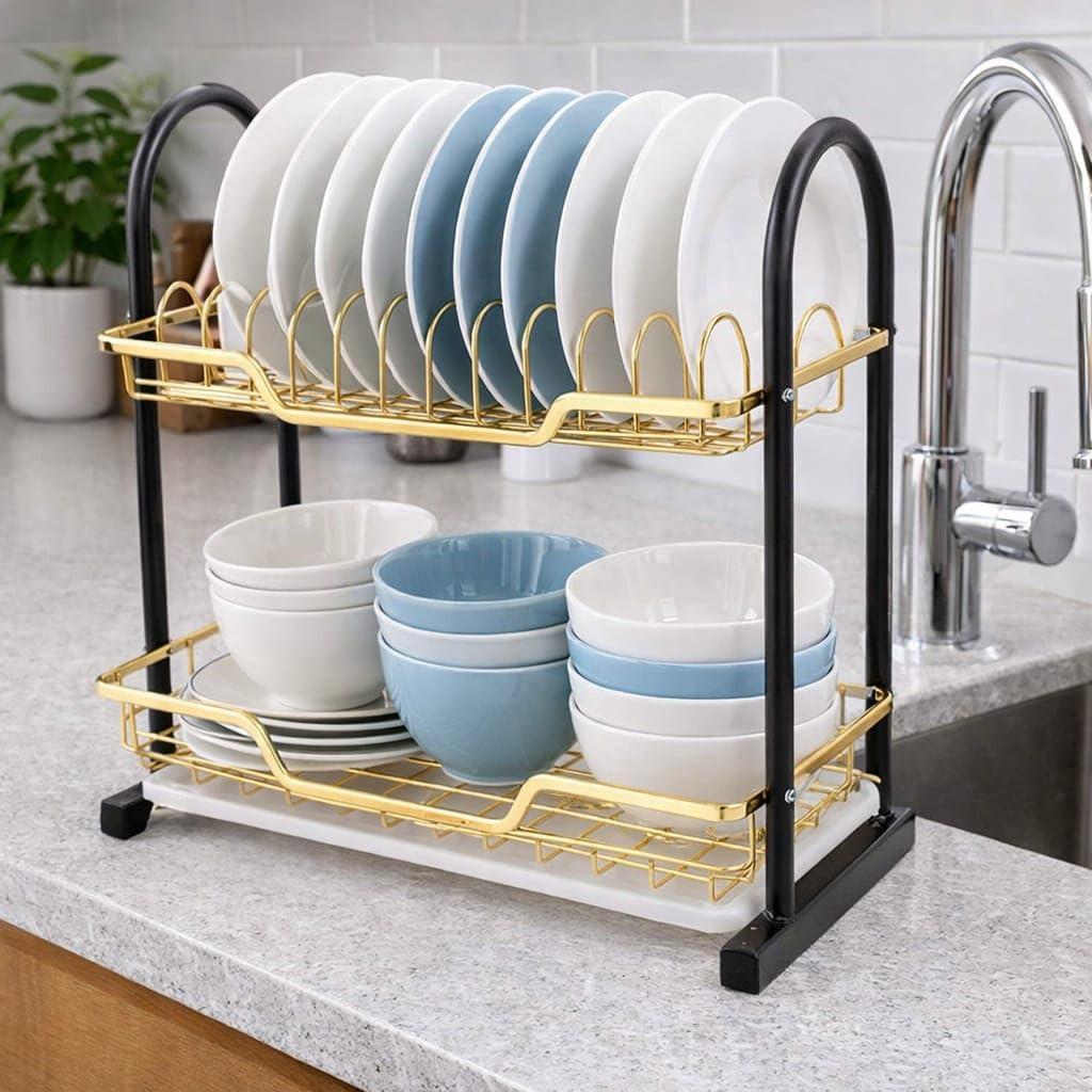 Dish Drying Rack 2 Tiers Kitchen Organizer for Dishes and Bowls - Stainless Steel - Space Saving Organizer, Easy Installation and Effortless Cleaning