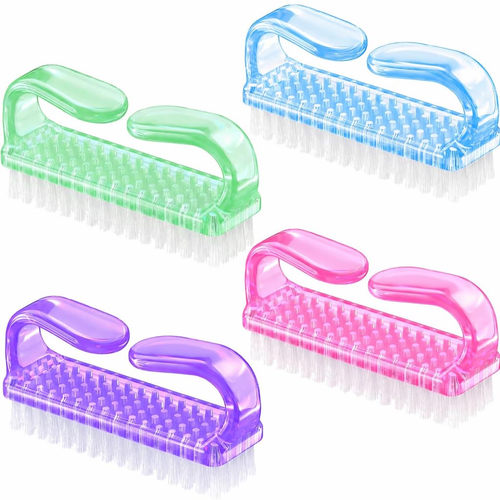 4 Pcs Nail Cleaning Brush with Handle – Durable Hand & Fingernail Scrub Brush for Manicure, Pedicure & Nail Art – Easy Grip Nail Care Tool for Home & Salon Use
