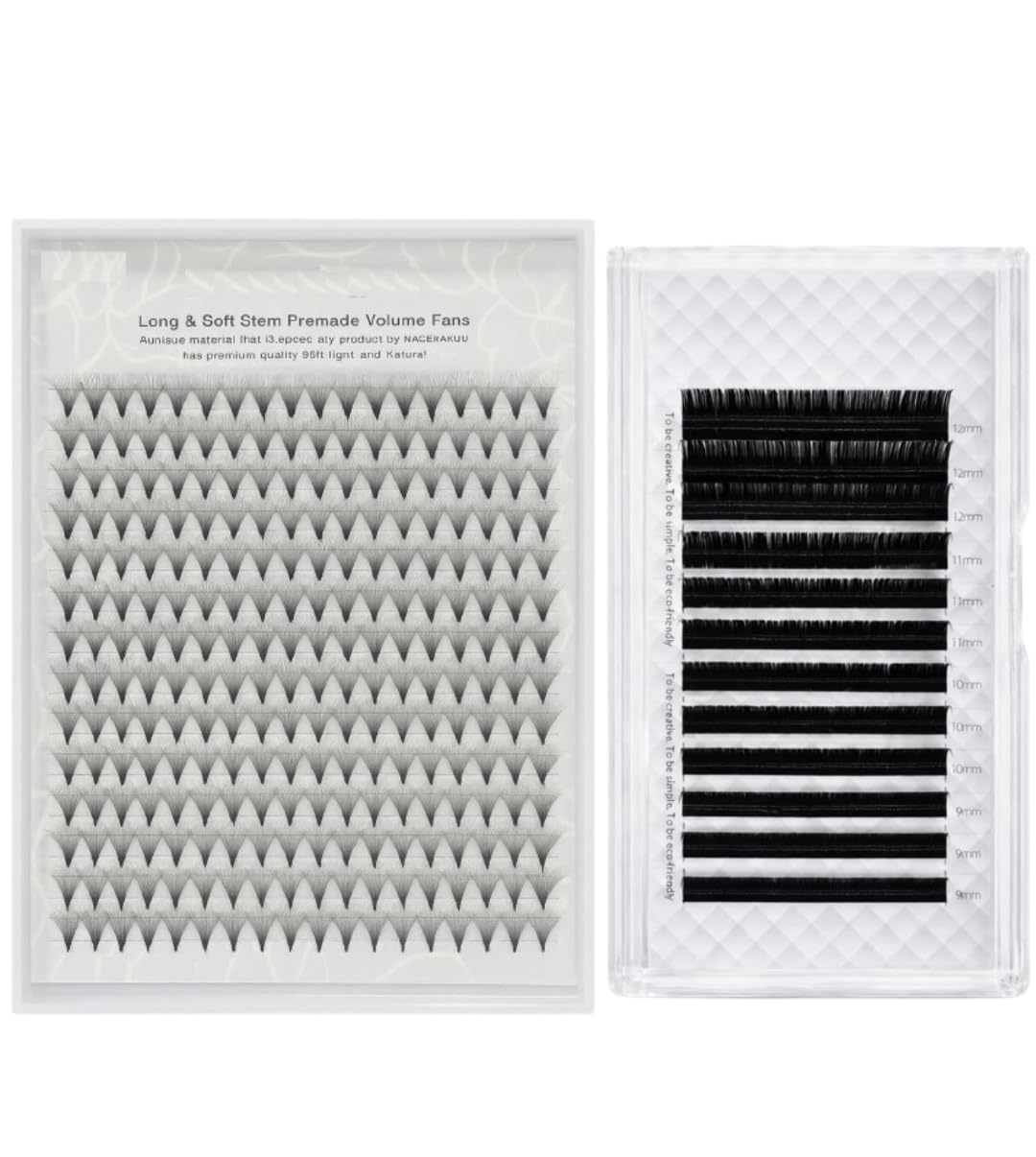 Eyelash Extensions Set Premade Volume Fans 20D 11mm & Individual Classic Lashes 0.07D 12mm Hair by Hair, Soft Lightweight Natural to Full Volume Lash Extensions for Salon and Home Use
