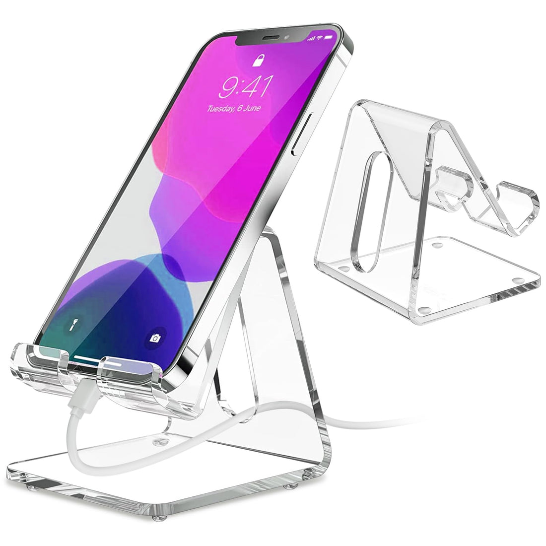 BEST MEDIA Clear Acrylic Cell Phone Stands for Desk – Universal Portable Holders and Docks, Transparent Cradles for All 10–20 cm Smartphones and Android Devices, Two Pieces