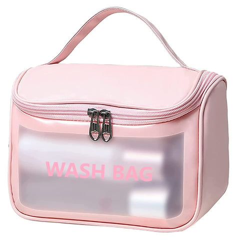 SHAKTISM Multi-Functional Large Makeup Pouch for Women, Waterproof PVC Cosmetic Bags with Hook for Girls, Toiletry Storage Wash Bag, Travel Organizer for Bath Accessories & Grooming Kit (Pink)