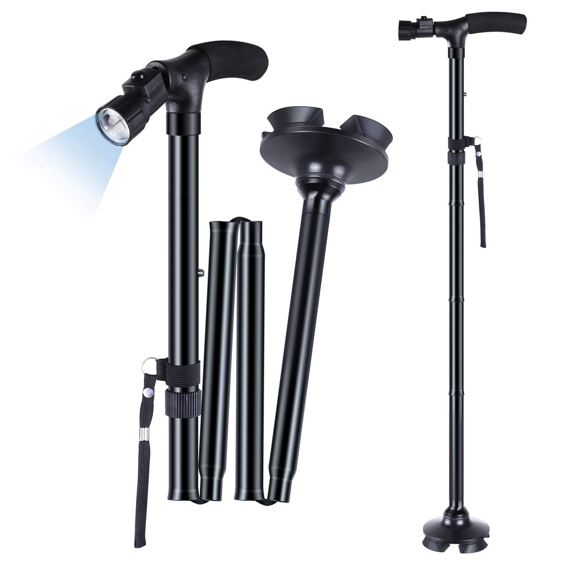 Ohuhu Walking Stick, LED Folding Walking Cane Walking Stick With Adjustable LED Lights and Carrying Bag For Men/Women, Height Adjustable, Pivoting Quad Base