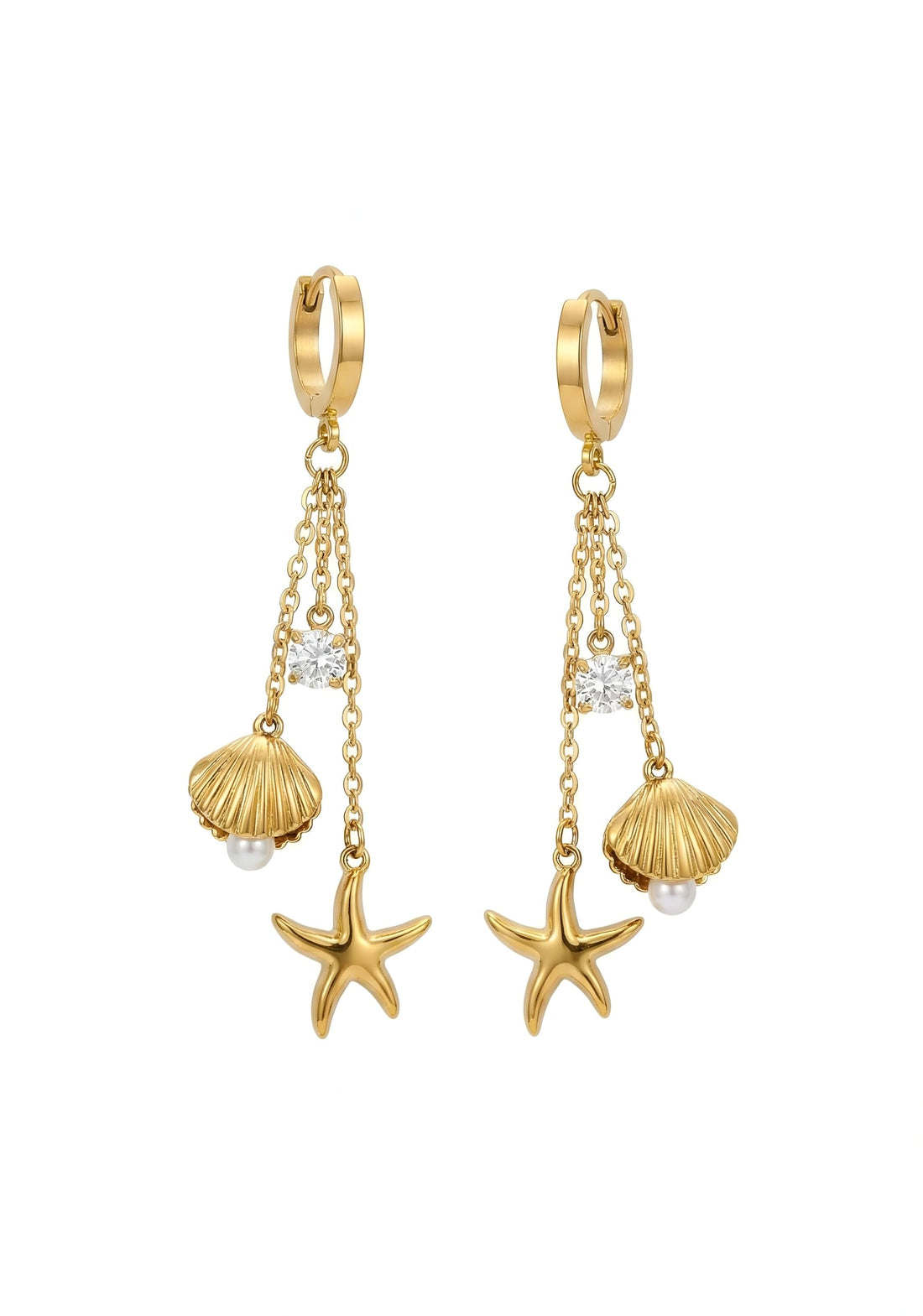 Jewelry Accessories - Women's earrings inspired by summer beaches, snails, stars, with 18-gauge gold layer, small pearl touches, perfect gift for fashion lovers