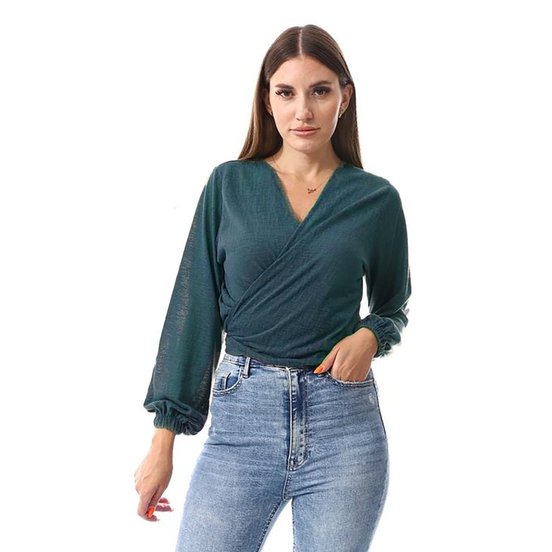 Women's Deep V Neck, Crossover Style, Puff Long Sleeve Blouse with Elastic Cuff