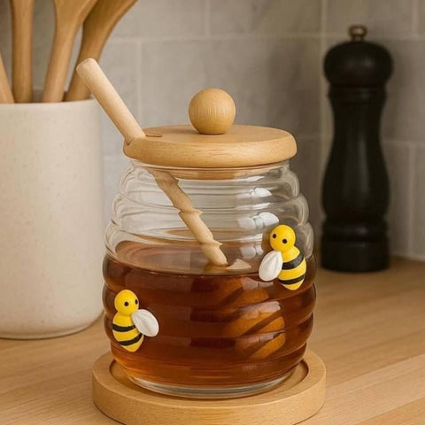 Honey Jar - Glass Storage Jar with Elegant Wooden Lid and Distinctive Bee Design for Kitchen and Dining Decoration, Luxury Decorative Piece, Perfect Gift for Every Natural Honey Lover