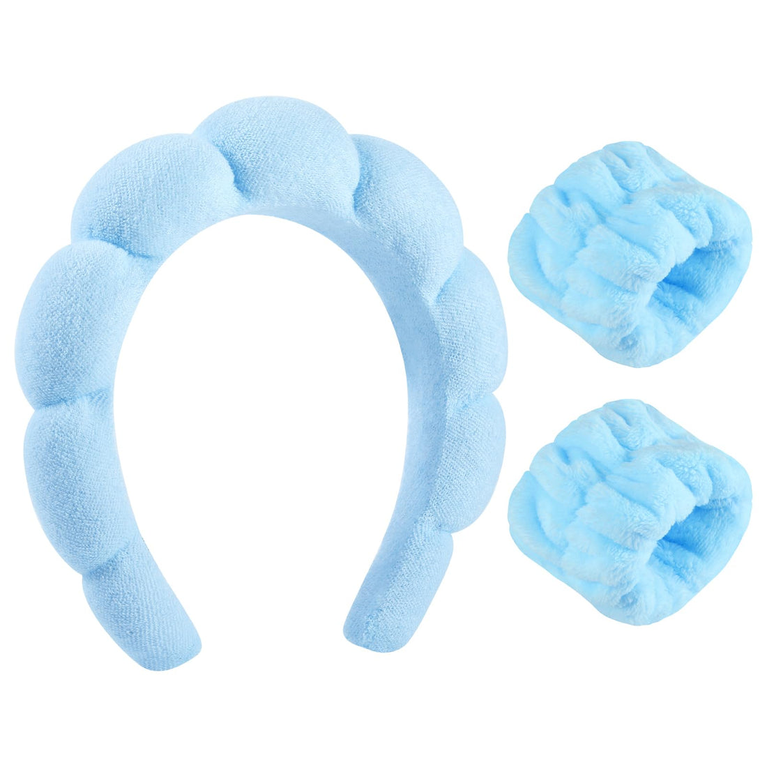 Sponge Spa Headband for Women, Blue Makeup Headband and Wrist Washband Set Skincare Headbands for Face Washing, Shower, Makeup Removal