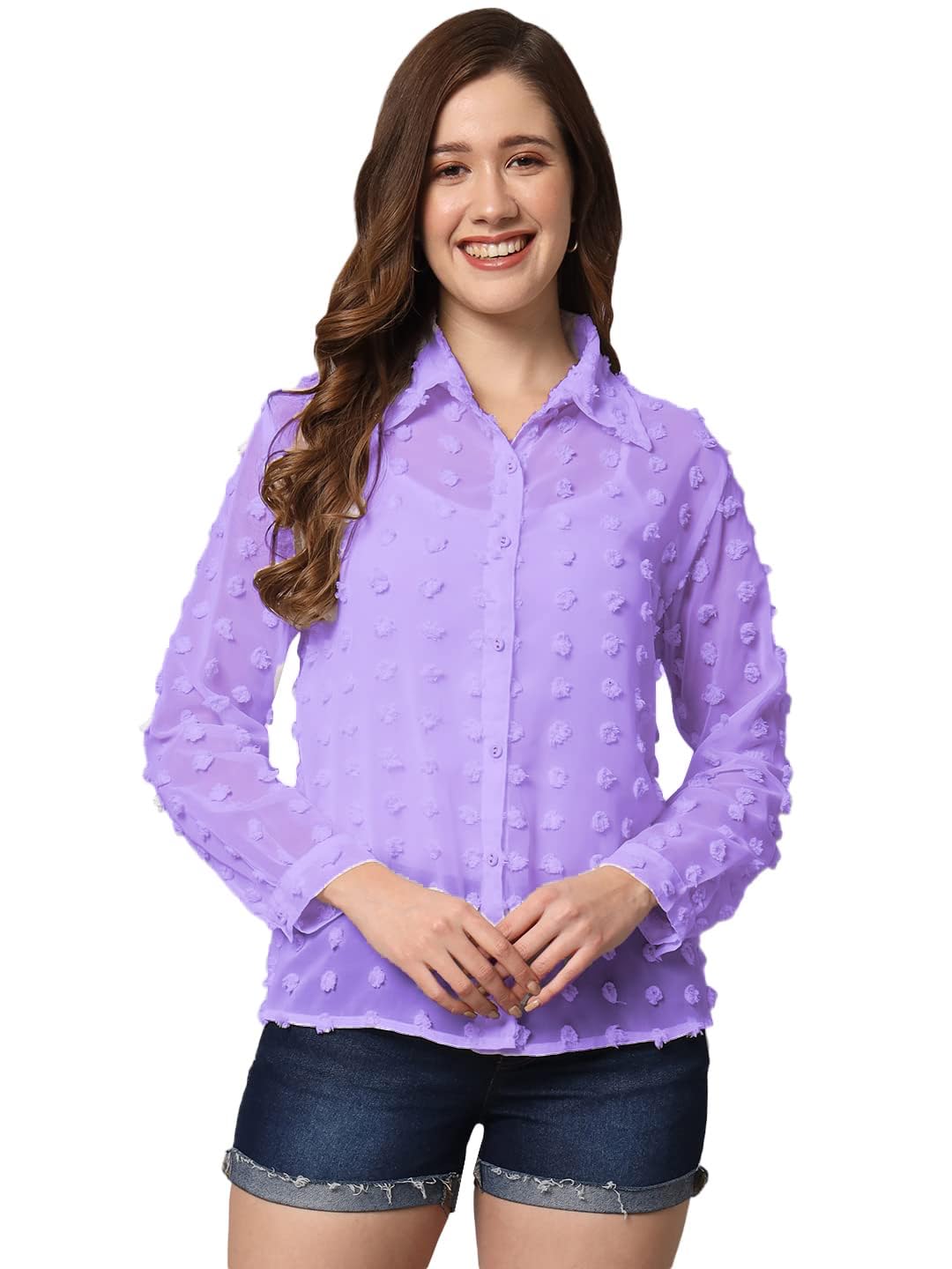 SUNSET EG STORE Women's Solid Sheer Chiffon Chunky Blouse (Mauve, L)