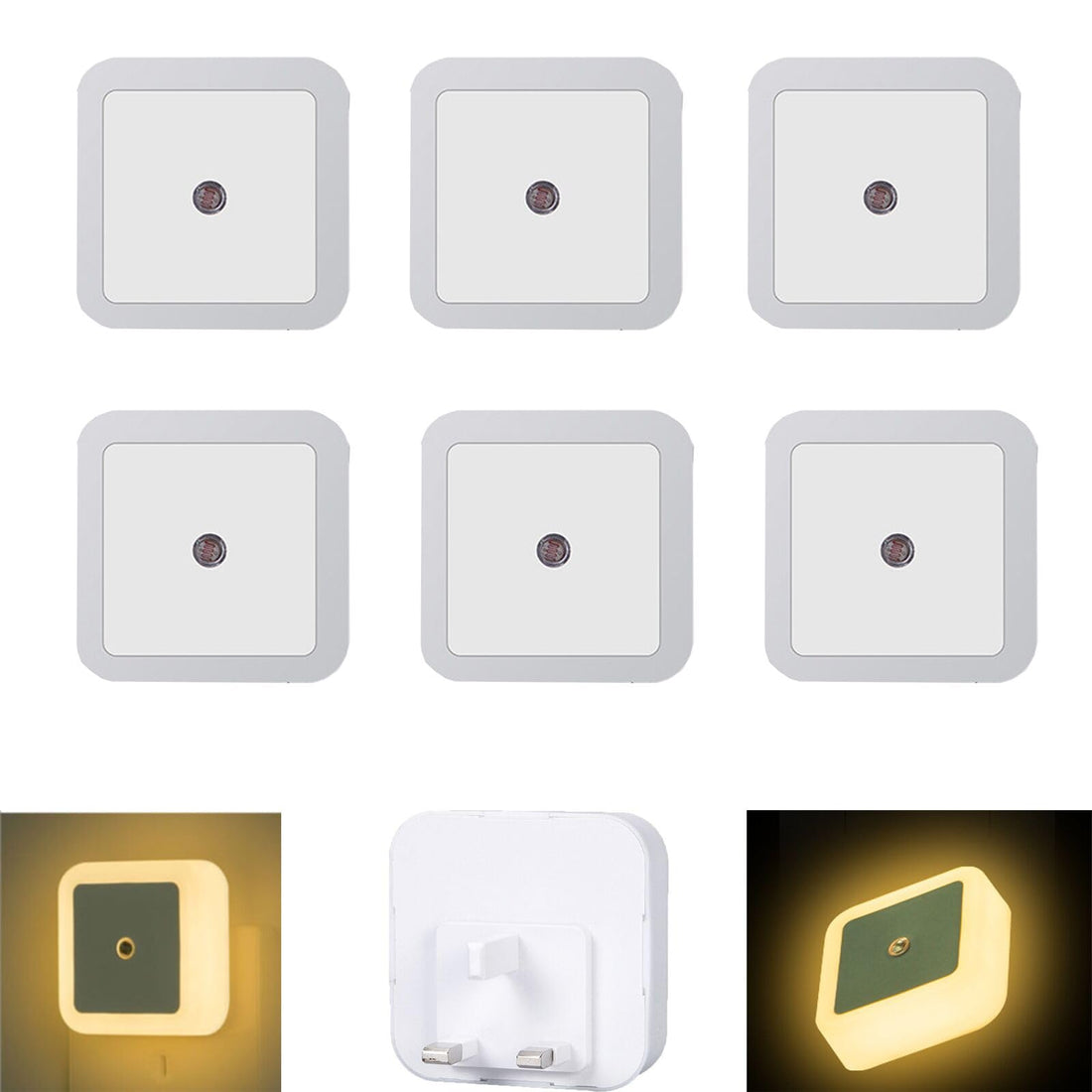 6 Packs UK Plug Night Light Auto Sensor Night Lights Warm LED Lighting for Hallway, Stairs, Bathroom, Bedroom, Kitchen (Square)