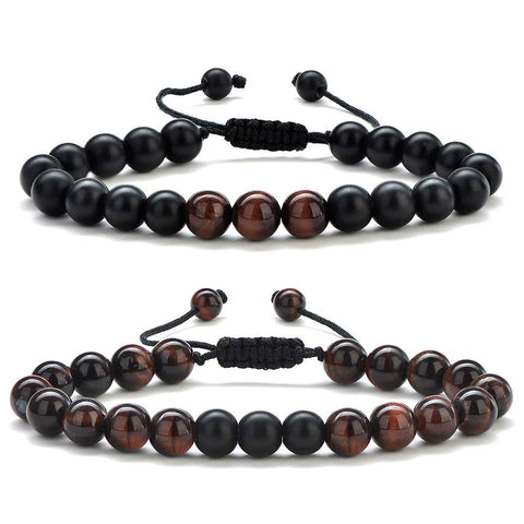 Tiger Eye Mens Bracelet Gifts - 8mm, Stress Relief Adjustable Tiger Eye Bracelet Aromatherapy Essential Oil Diffuser Lava Bracelet Gifts for Men, Stone- 2 pcs Red Tiger&Matte Agate