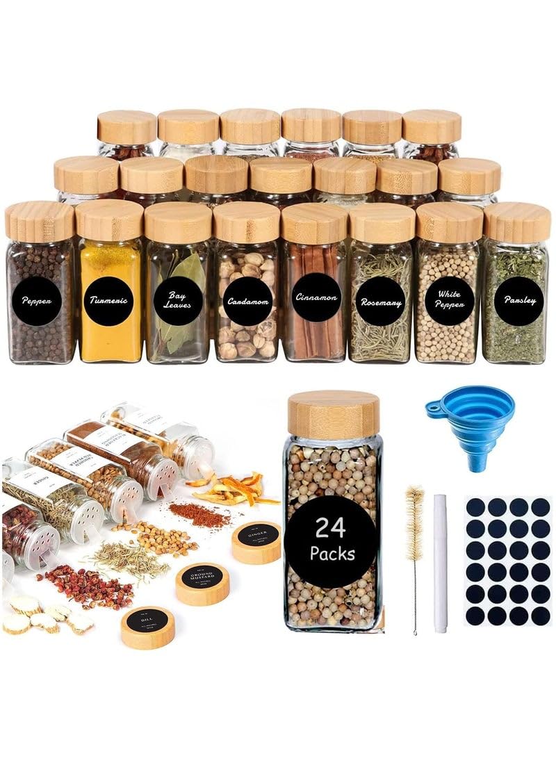 24 Hour Glass Jars 120ml Jar with Bamboo Lids - Complete Set of Infuser Organizers with Labels, Funnel and Cleaning Brush