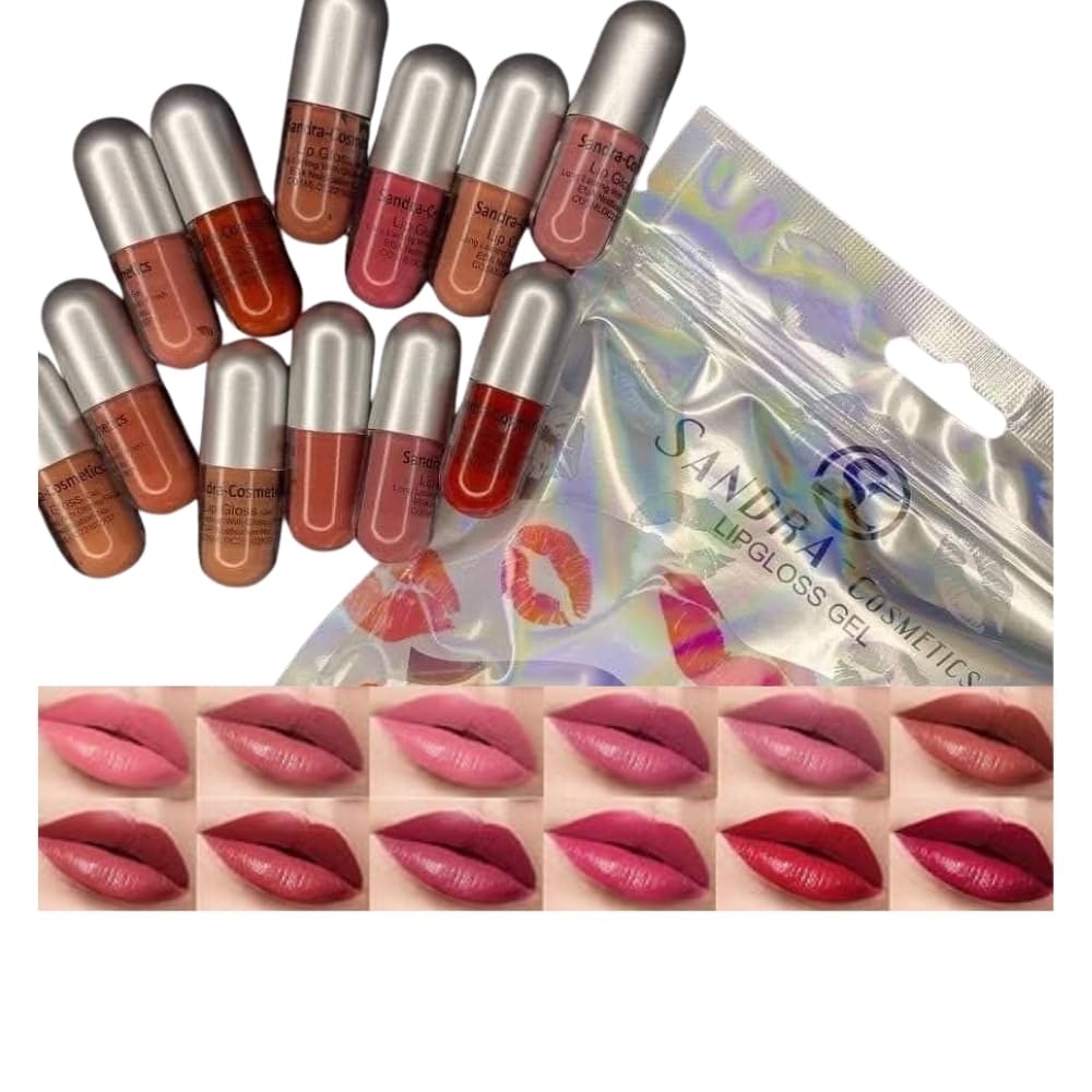 Sandra Cosmetics Lip Gloss Gel Set – 12 Shiny & Moisturizing Colors, Lightweight & Non-Sticky Formula for Soft, Glossy Lips – Portable & Gift-Ready Packaging