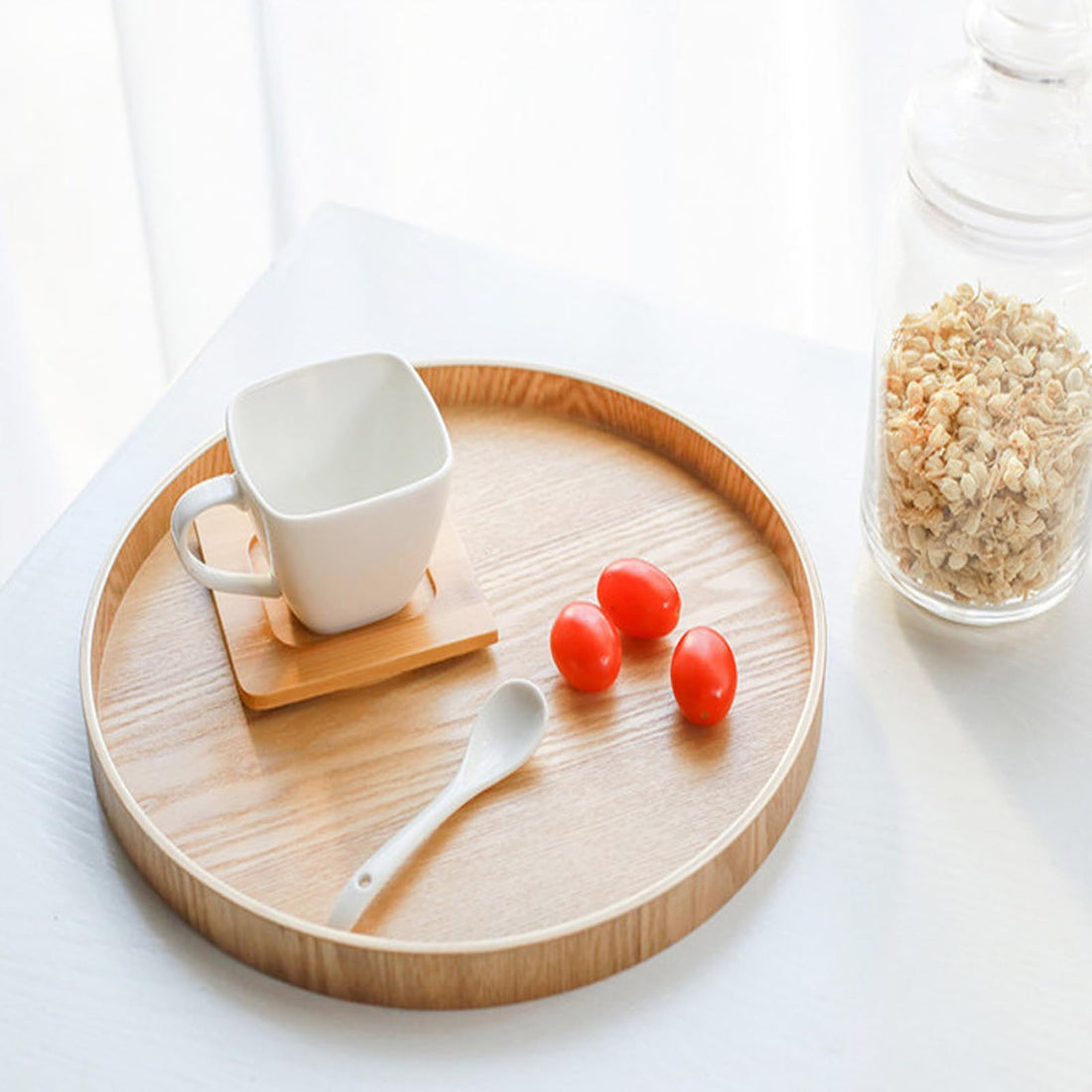 ALMEKAQUZ Wooden Decorative Tray,Wood Serving Tray for Coffee Table Decor,Fruit Serving Wooden Desktop Tray,Round Make up Organiser Tray for Living Room,Bathroom