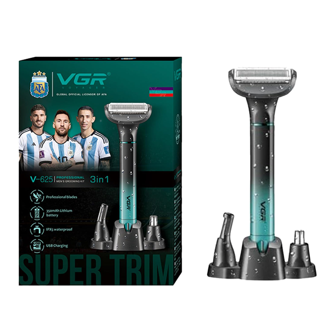 VGR V-625 Professional 3-IN-1 Men’s Grooming Kit, Body, Nose, Ear & Eyebrow Trimmer, IPX5 Waterproof, 60 Min Runtime, USB-C Quick Charge, 3 interchangeable Head with Led indicator (Green)