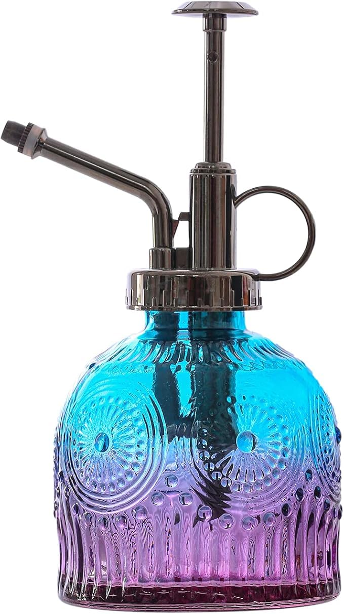 Glass Plant Mister Spray Bottle, 6.3inch Tall Vintage Plant Spritzer Watering Can, Succulent Watering Bottle with Top Pump, Plant Mister Glass Watering Garden Tool (Blue Purple Gradient)