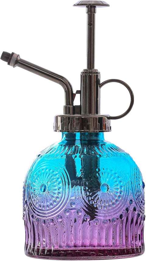 Glass Plant Mister Spray Bottle, 6.3inch Tall Vintage Plant Spritzer Watering Can, Succulent Watering Bottle with Top Pump, Plant Mister Glass Watering Garden Tool (Blue Purple Gradient)