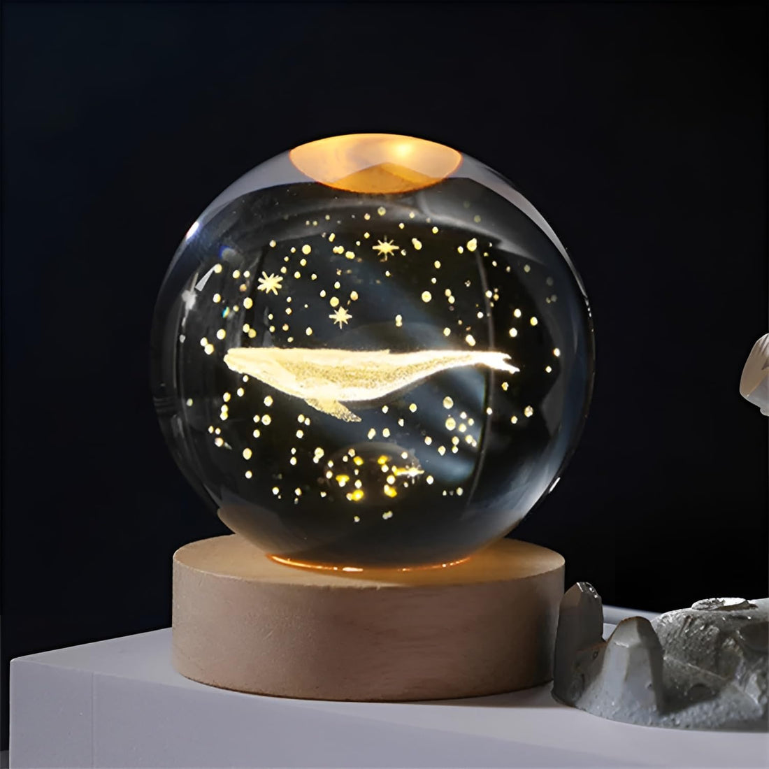 Plan A 3D Crystal Night Light with LED, Elegant Wooden Base, USB Powered, Whale Style