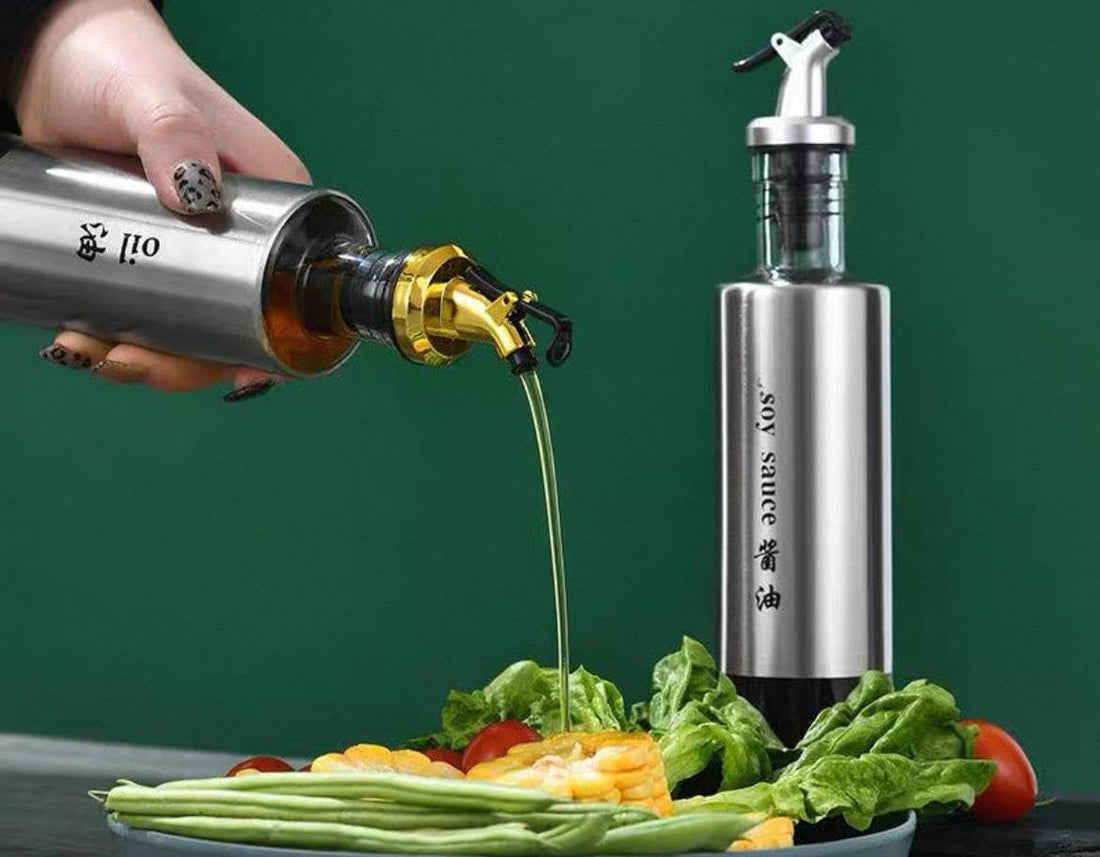 Generic Glass Oil and Soy Sauce Dispenser Bottle, Stainless Steel Finish, 500ml, Easy to Use and Clean, .rom