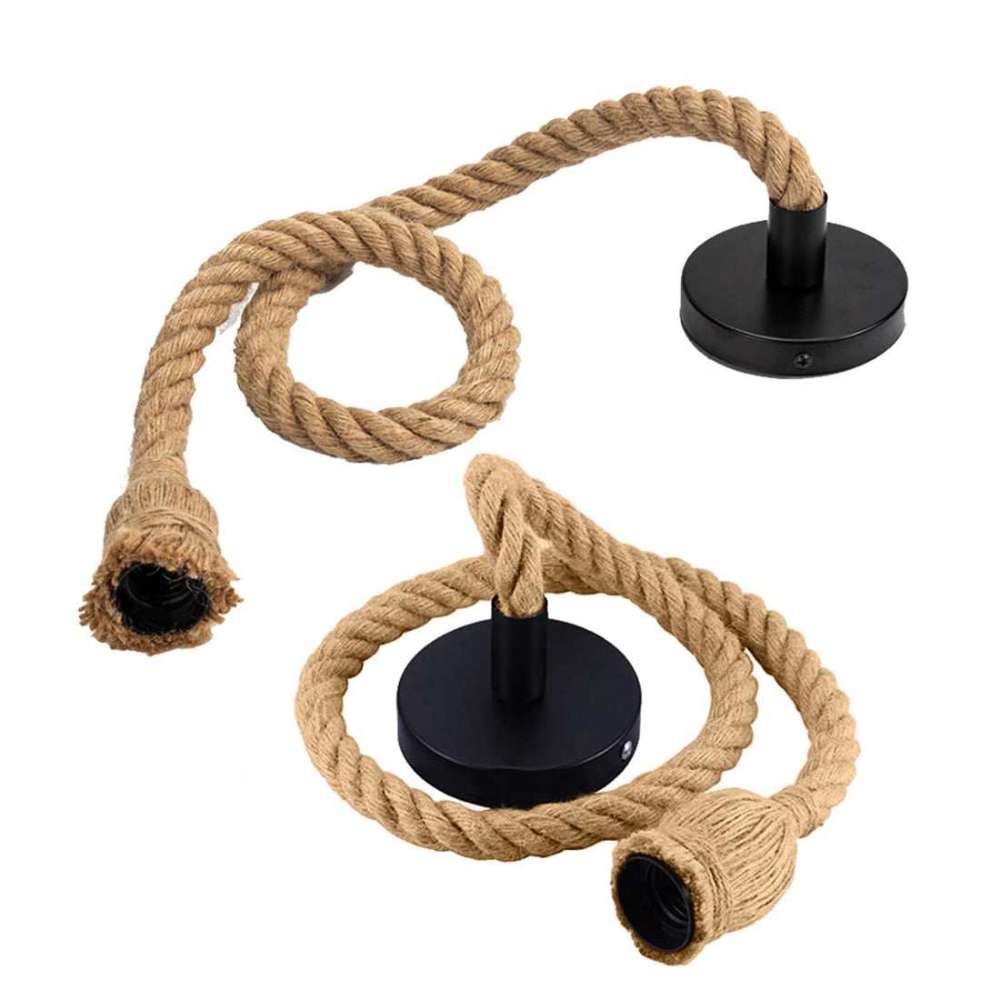 Vintage Hemp Rope Chandelier, 2-Pack Retro Industrial Pendant Light for Living Room, Dining Room, Balcony, Café, Outdoor (E27, No Bulb)