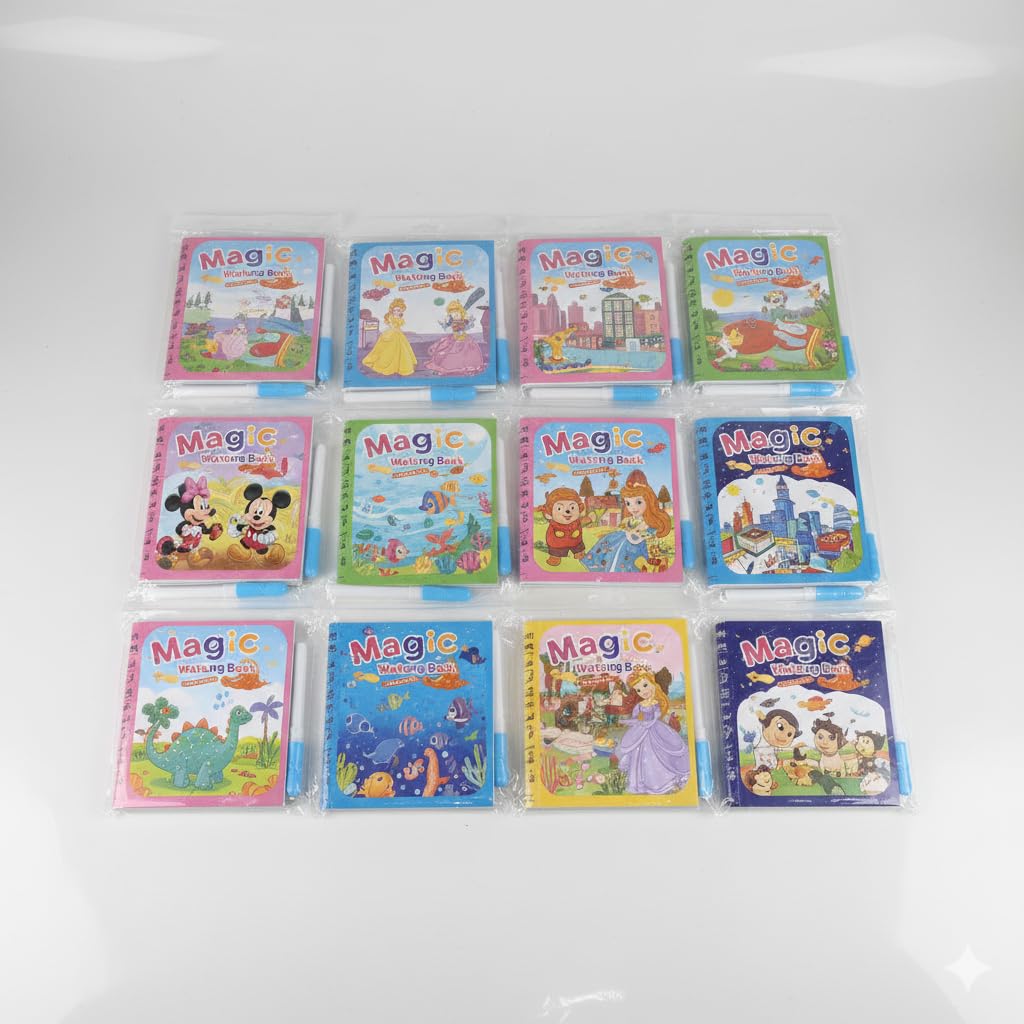ZAIN Water Colouring Book Set, 1 Books with Water Pens, Reusable Magic Drawing Books, Multicoloured, Wildlife/Ocean/Dinosaur/Space/Vehicle/Robot Themes, 24x18x3.8 cm, Cardboard, 430g