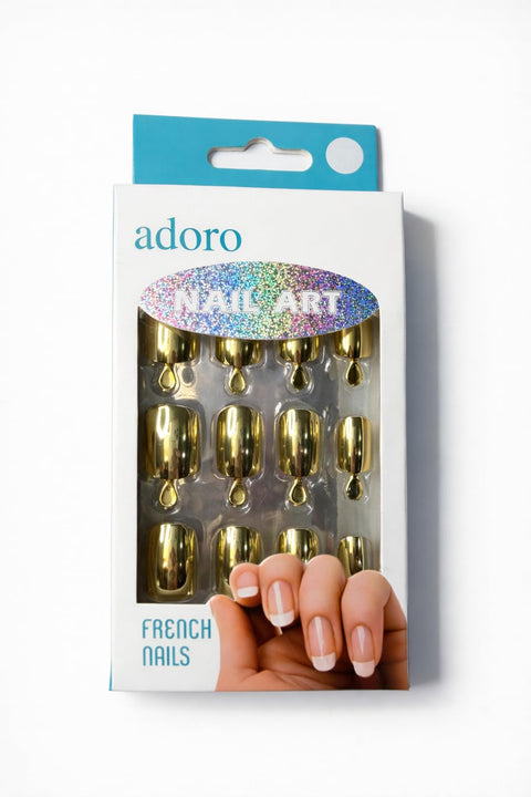 Gold French Press On Nails – Metallic Gold Fake Nails, Chrome Nail Art Set - 12 Pcs Per Pack