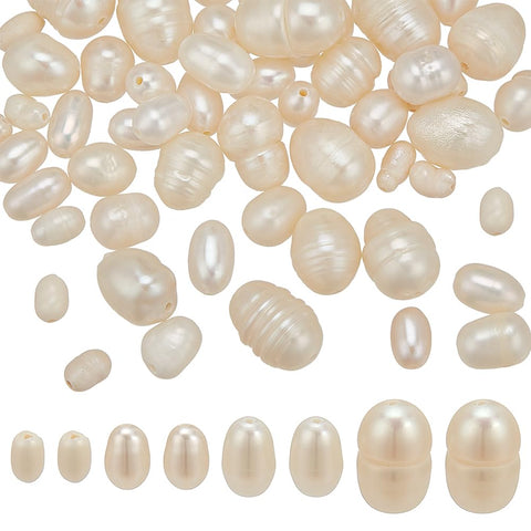 WADORN 60pcs 4 Size Freshwater Cultured Pearl Beads, 3.5-12mm Rice Natural Cultured Freshwater Pearl Beads with 0.6-0.8mm Hole Irregular Oval Pearl Loose Beads for Pendants Earrings Jewelry Making
