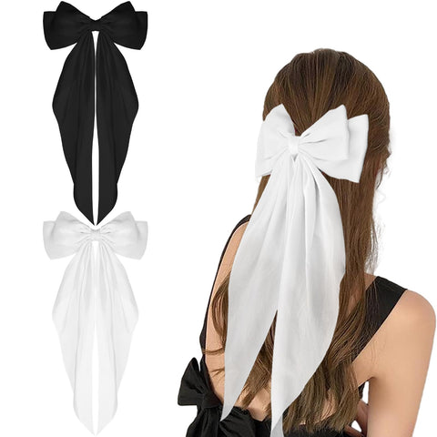 WLLHYF Big Bow Barrettes 2 Pieces Soft Silky Satin Hair Clip Long Tail French Ribbon Hair Pins Metal Bowknot Clips 90's Accessories for Party Valentine's Day Women Girl (Black+White)