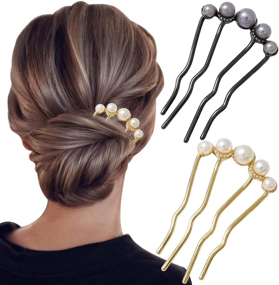 2 Pcs Pearl U-Shaped Hair Pins,Bridal Side Comb,Hair Styling Accessories for Wedding, Party and Daily Use