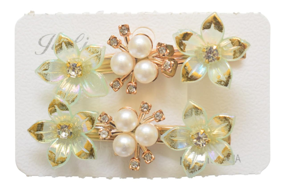 Daphne Hair Clips Set With Flower Design For Girls, 2 Pieces - Gold - 2428