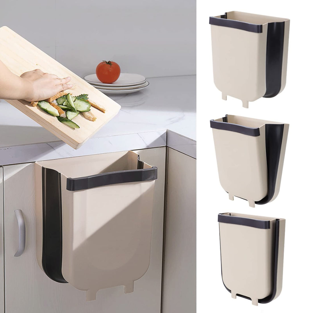 Hanging Kitchen Trash Can,Collapsible Small Garbage Can 2.4 Gallon for Kitchen,Foldable Compost Bin with Trash Bag Holder for Cabinet Door/Car/Office/Bedroom/Bathroom/RV Traveling.