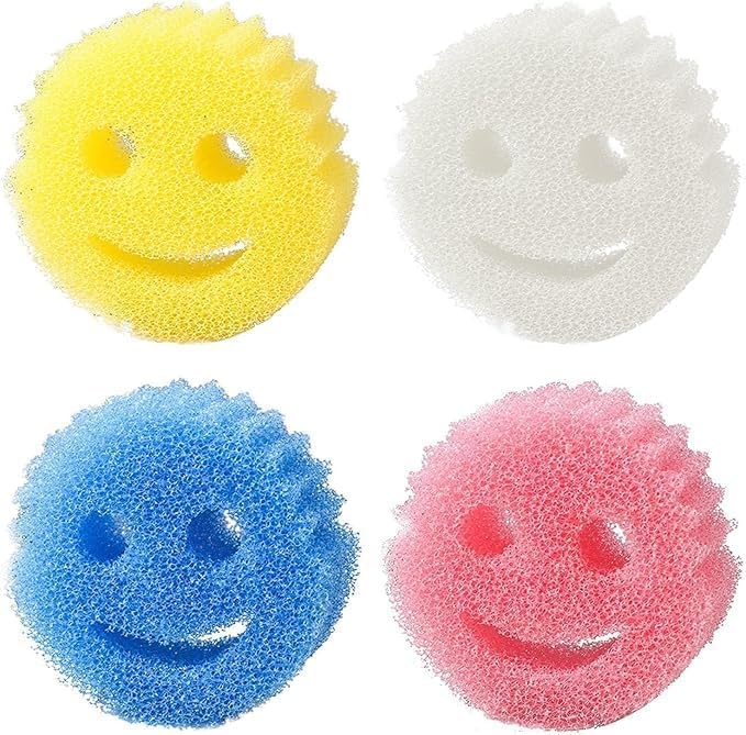 Flexible Dual-Texture Smile Face Cleaning Sponge – Soft in Warm Water, Firm in Cold Water – Deep Cleaning, Dishwasher Safe, Odor and Stain Resistant – 2-Pack, Yellow