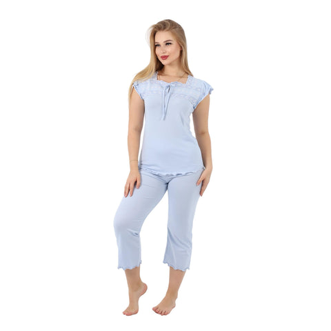 ZECOTEX Women's Cotton Bermuda Pajama Set with Embroidery | Short Sleeve Top and Pants | Sizes S to 3XL | Eid and Home Wear