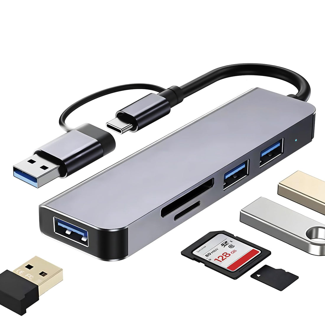 Ultra Slim USB-C Hub, 5-in-1 Adapter with 3 USB-A Ports, SD/TF Card Reader, Compatible with Laptop, Desktop PC