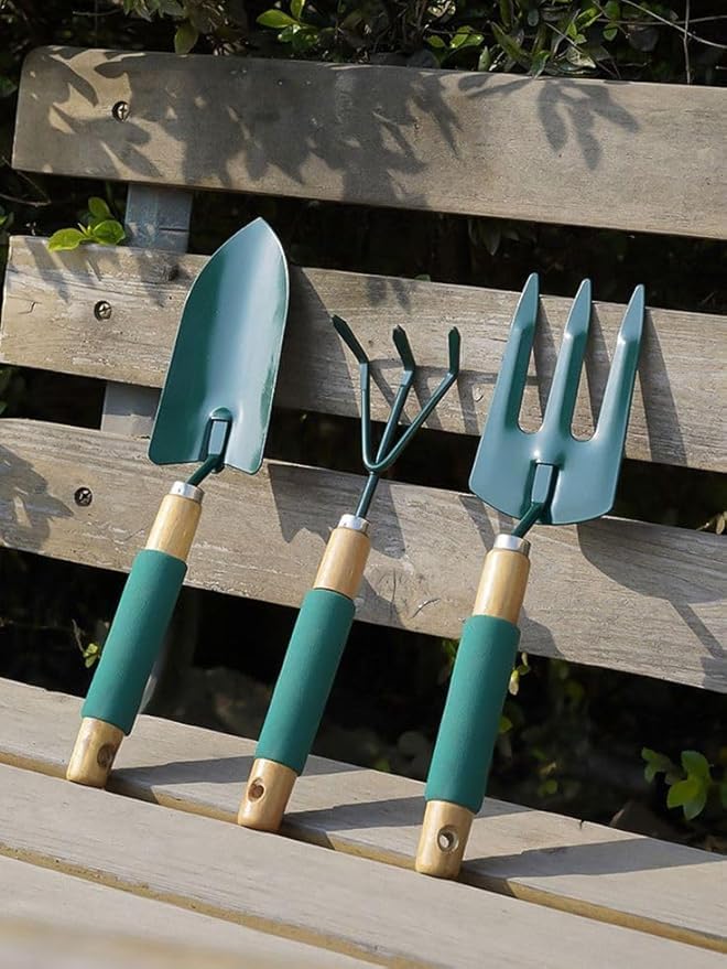 Garden Tool Set, 3-Piece Hand Tools with Wooden Handles, Teal Green Metal, Includes Trowel, Fork and Cultivator