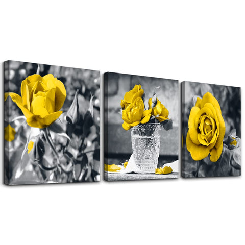 Canvas Wall Art For Bedroom Wall Decor For Kitchen Living Room Decor Girls Room Wall Decorations Black And White Wall Pictures Artwork Yellow Rose Flowers Canvas Prints Bathroom Home Decor 3 Piece
