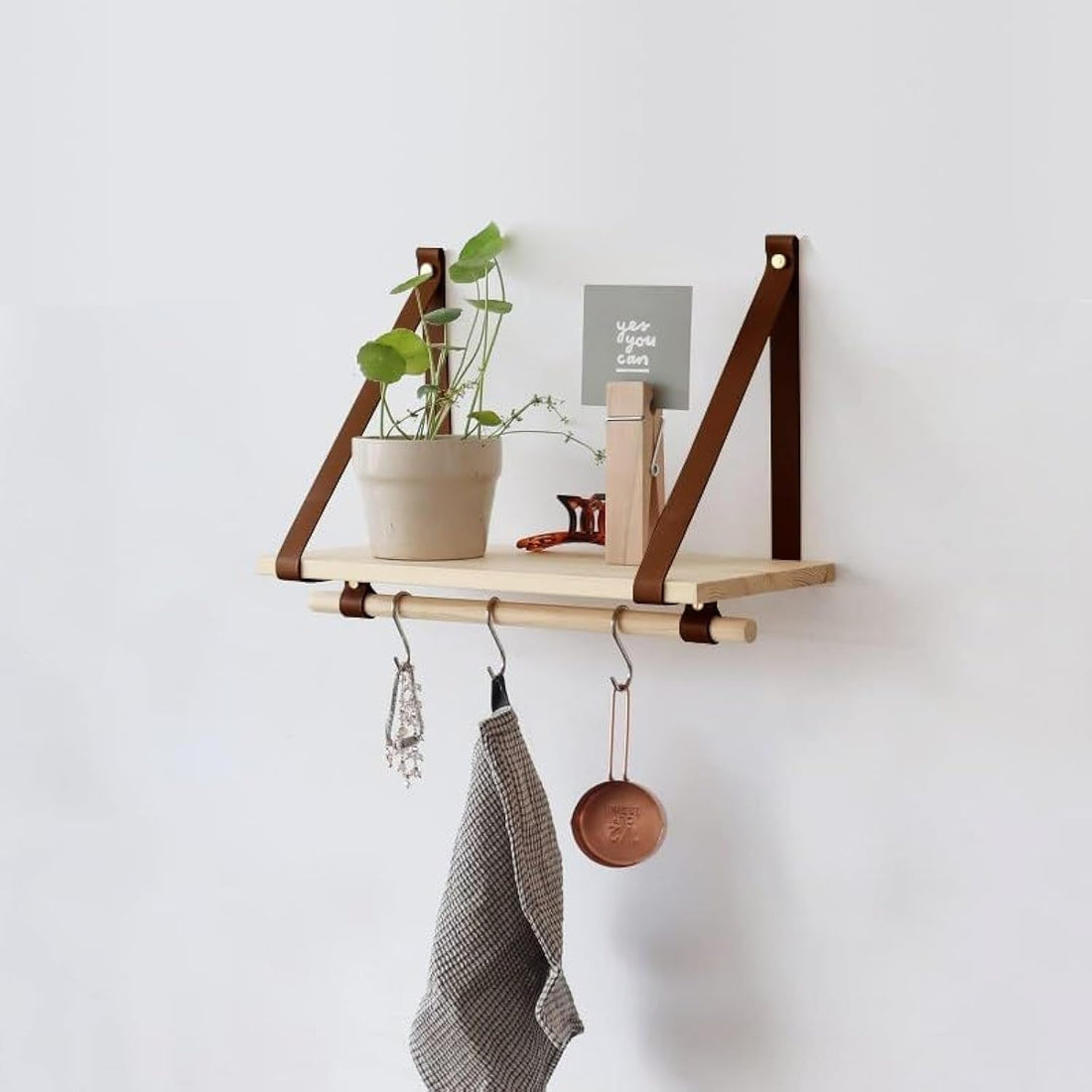PU Brown Leather Strap Wall Floating Shelf 80X20 Biege with Hooks